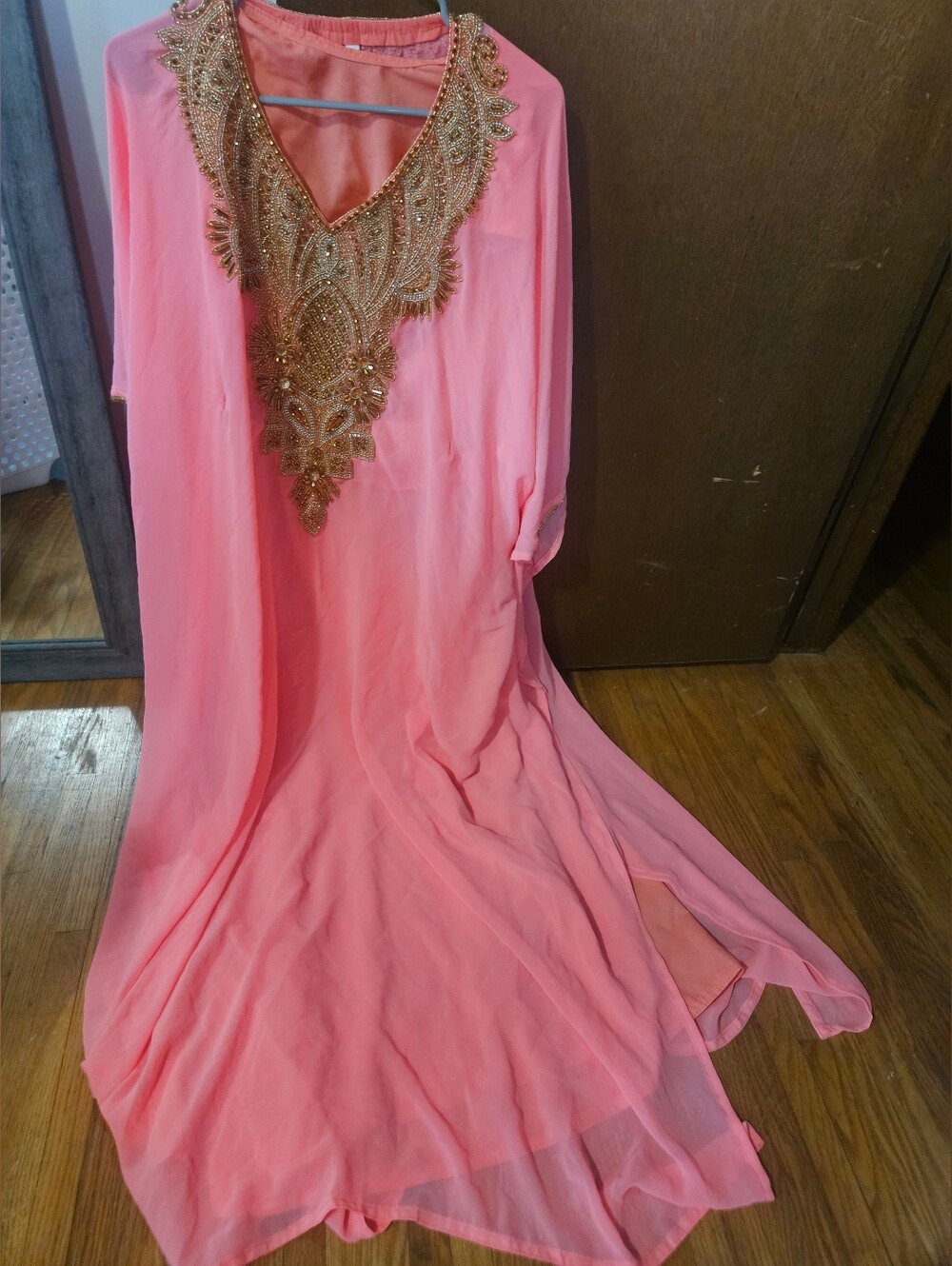 Coral Pink Beaded V-Neck Kaftan From Dubai With Underlayer Included